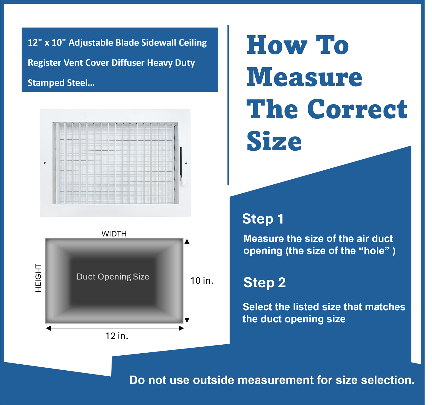 12" x 10" Adjustable Blade Sidewall Ceiling Register Vent Cover Diffuser Heavy Duty Stamped Steel (Listed Size is for Duct Opening or Inside Measurement)