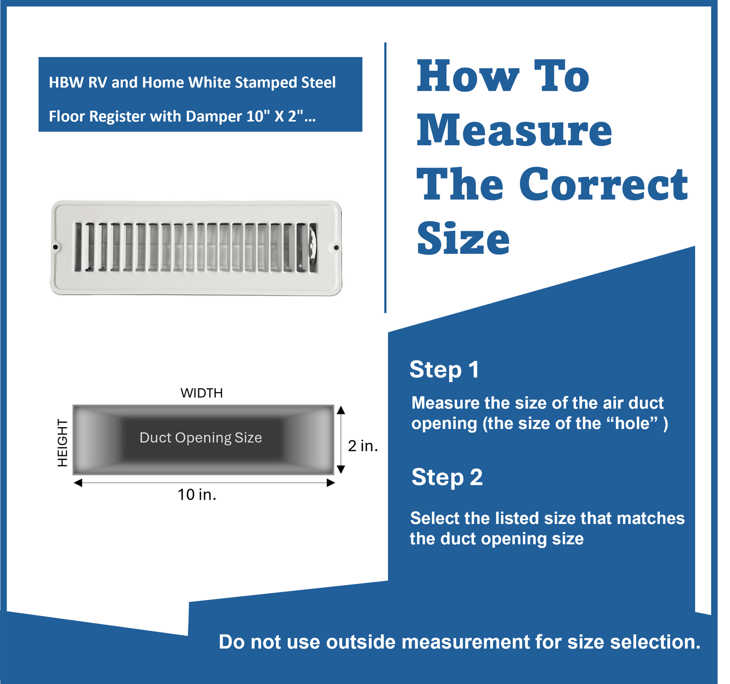 RV and Home White Stamped Steel Floor Diffuser/Register with Damper 10" X 2" (Duct Opening Size)