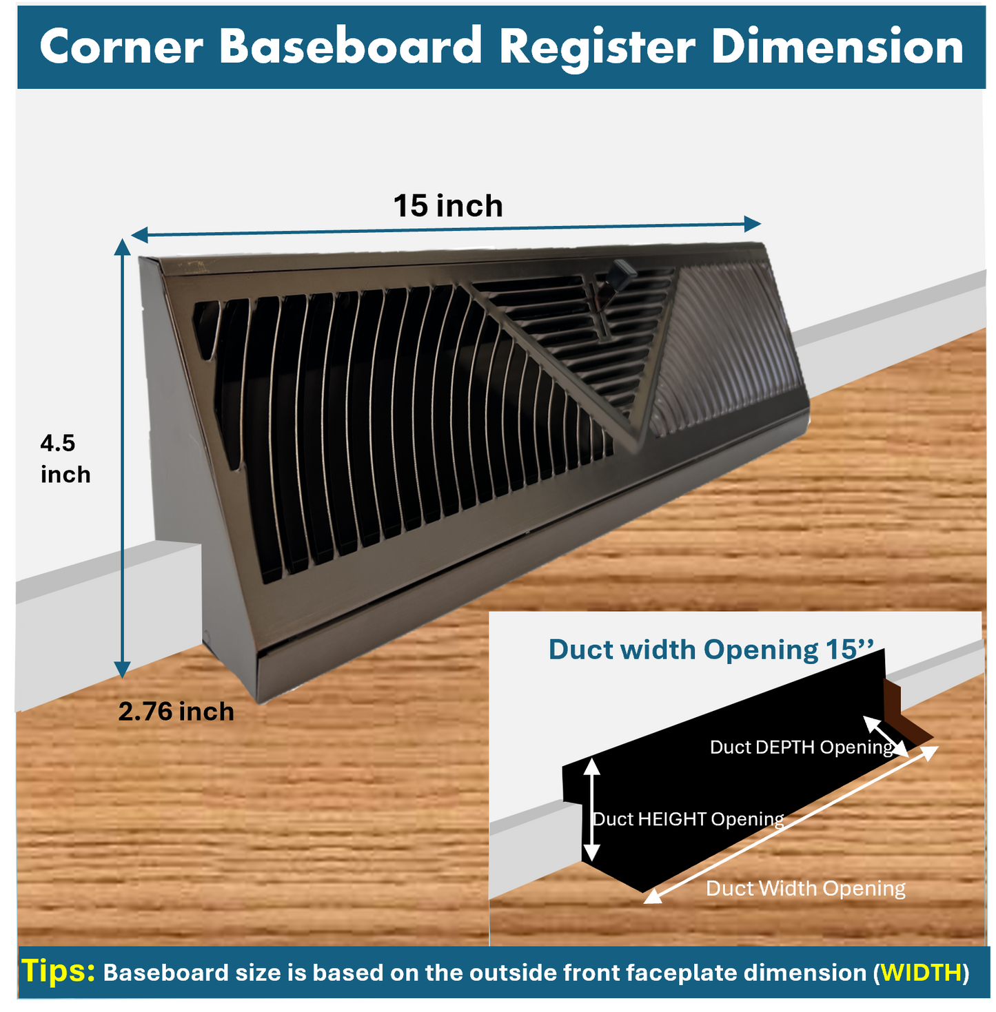 Floor Corner Base Board Register with Adjustable Air Flow Control Lever Come with Selected Color and Finish (Oil Brushed - 15inch)