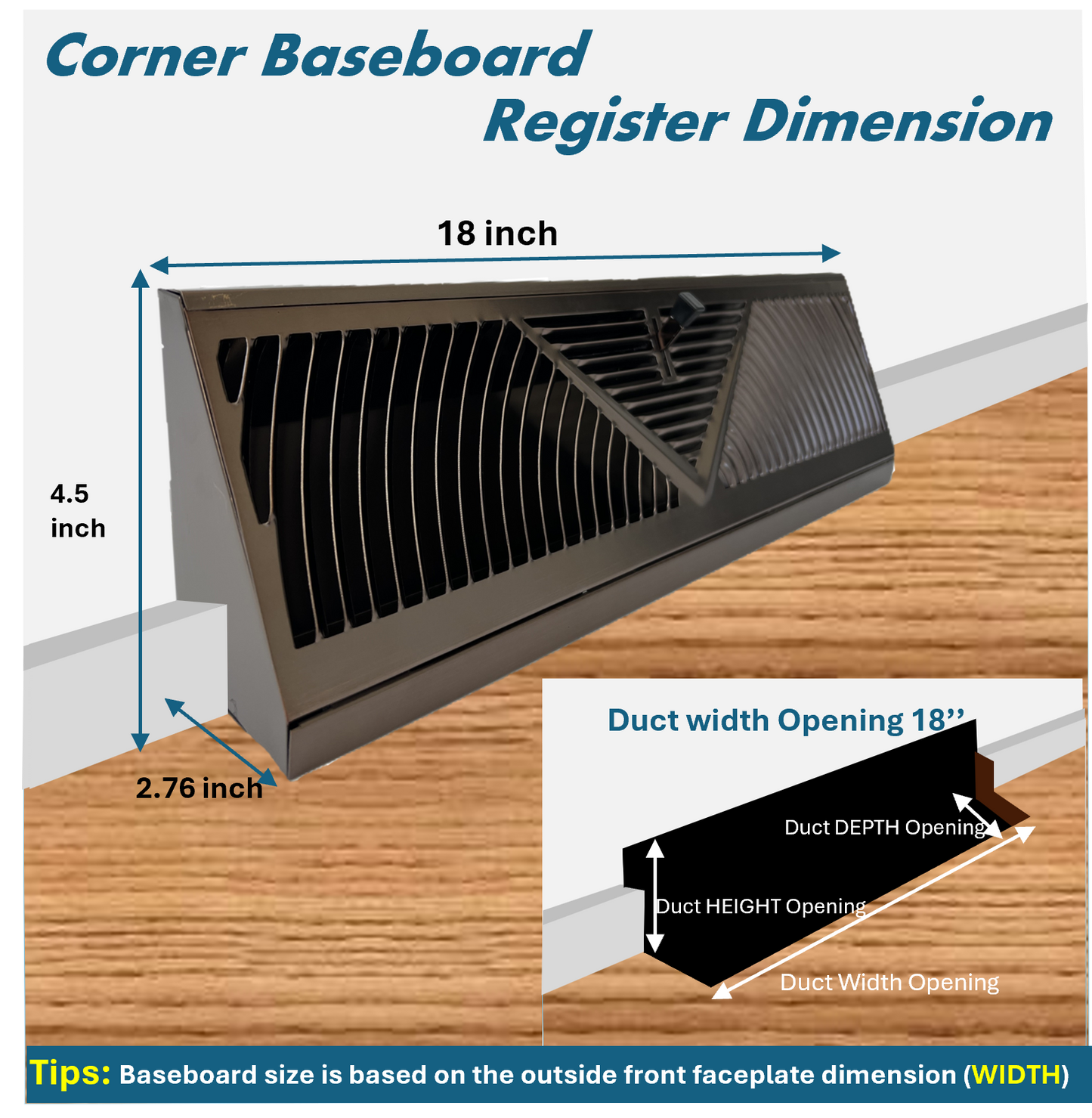 Floor Corner Base Board Register with Adjustable Air Flow Control Lever Come with Selected Color and Finish (Oil Brushed - 18inch)