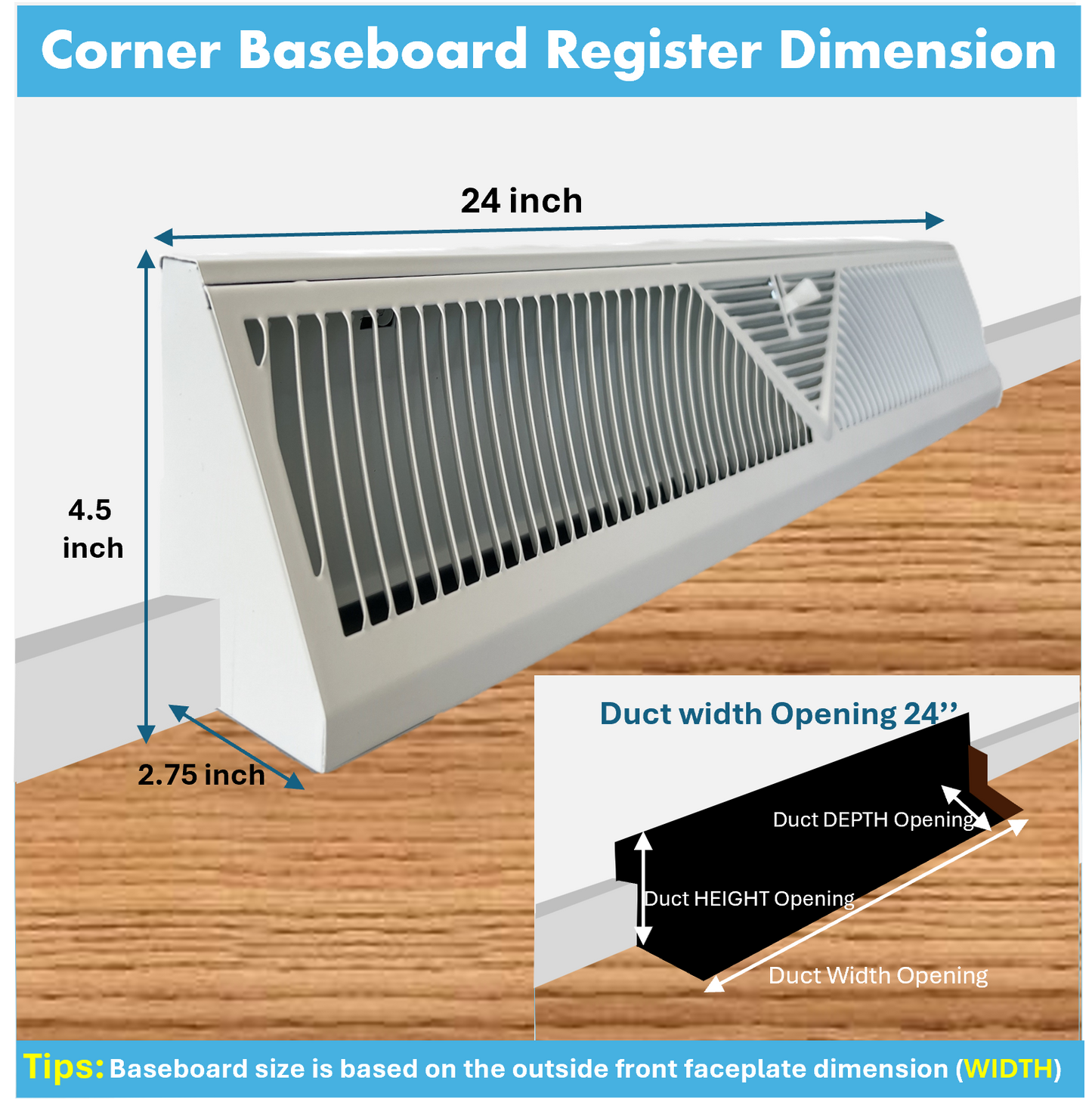 Floor Corner Base Board Register with Adjustable Air Flow Control Lever Come with Selected Color and Finish (White - 24inch)