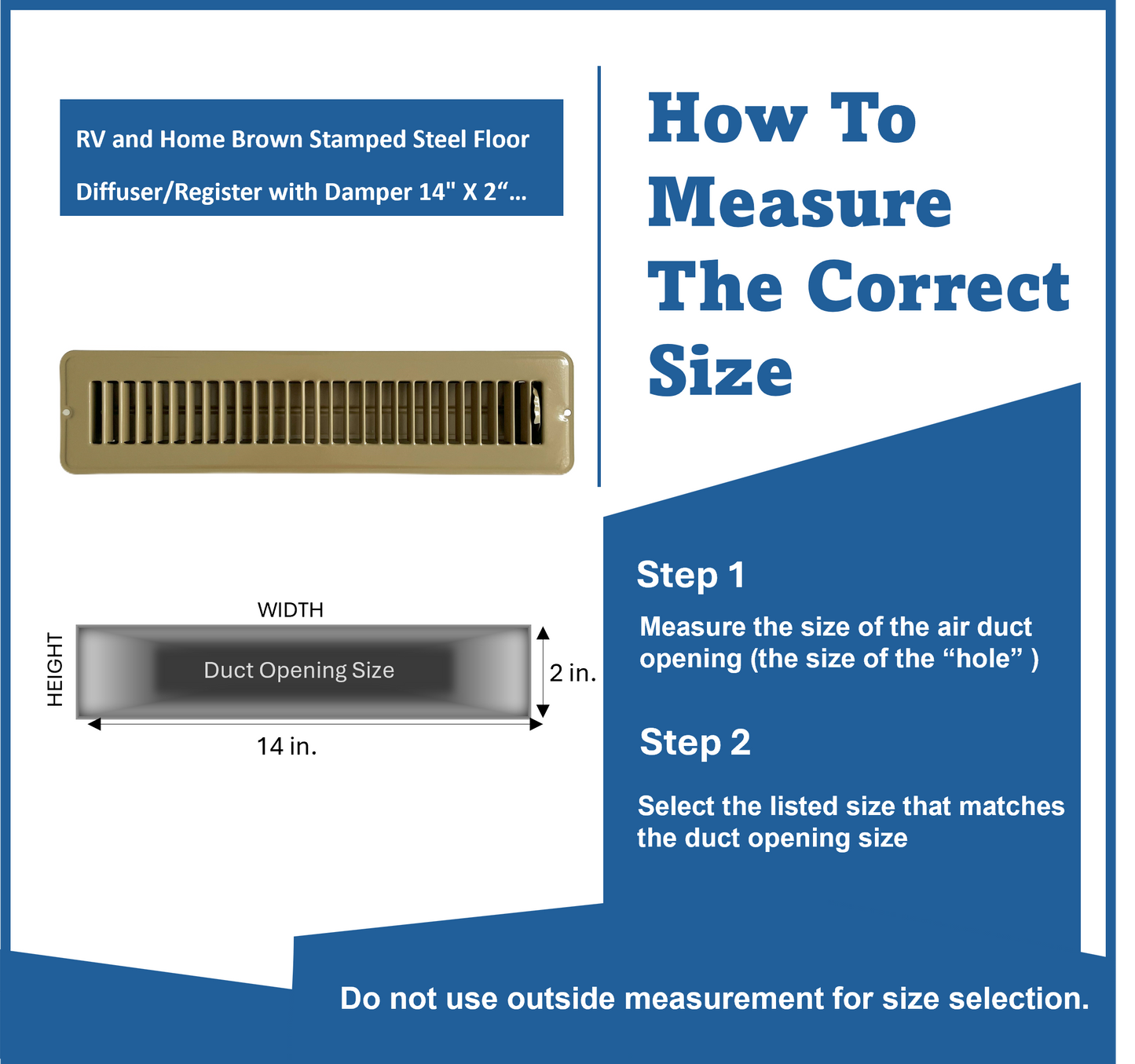 RV and Home Brown Stamped Steel Floor Diffuser/Register with Damper 14" X 2" (Duct Opening Size) Outside Dimension 15.5"x 3.75"