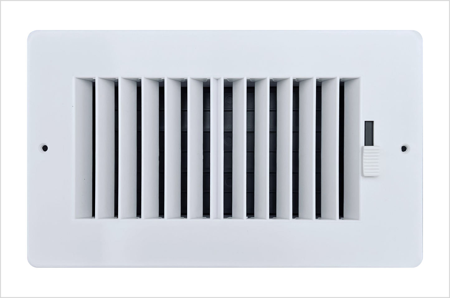 Two-way plastic side wall/ceiling register in white 8"w X 4"h for duct opening (outside dimension is 10"w X 6"h)