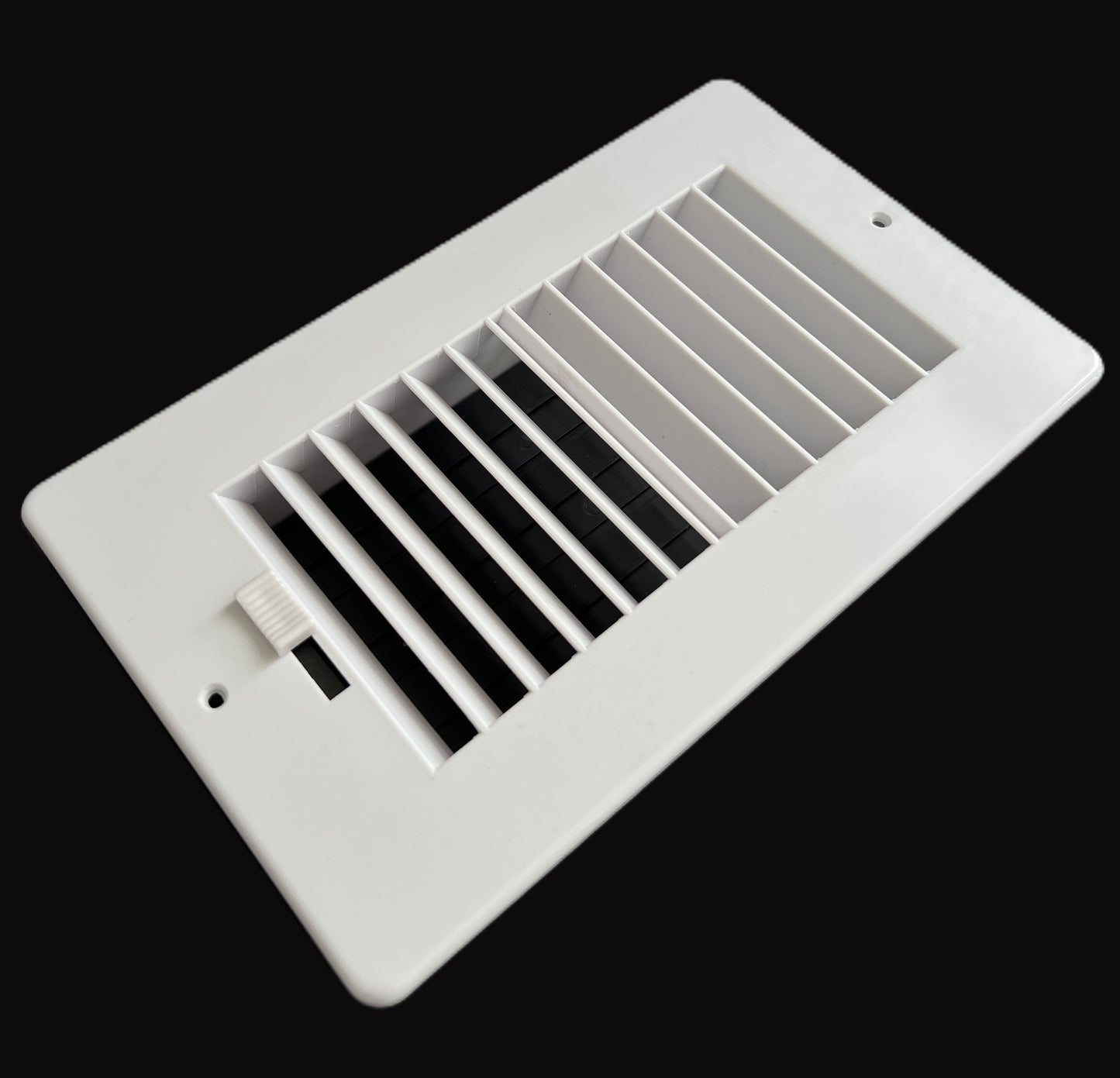 Two-way plastic side wall/ceiling register in white 8"w X 4"h for duct opening (outside dimension is 10"w X 6"h)
