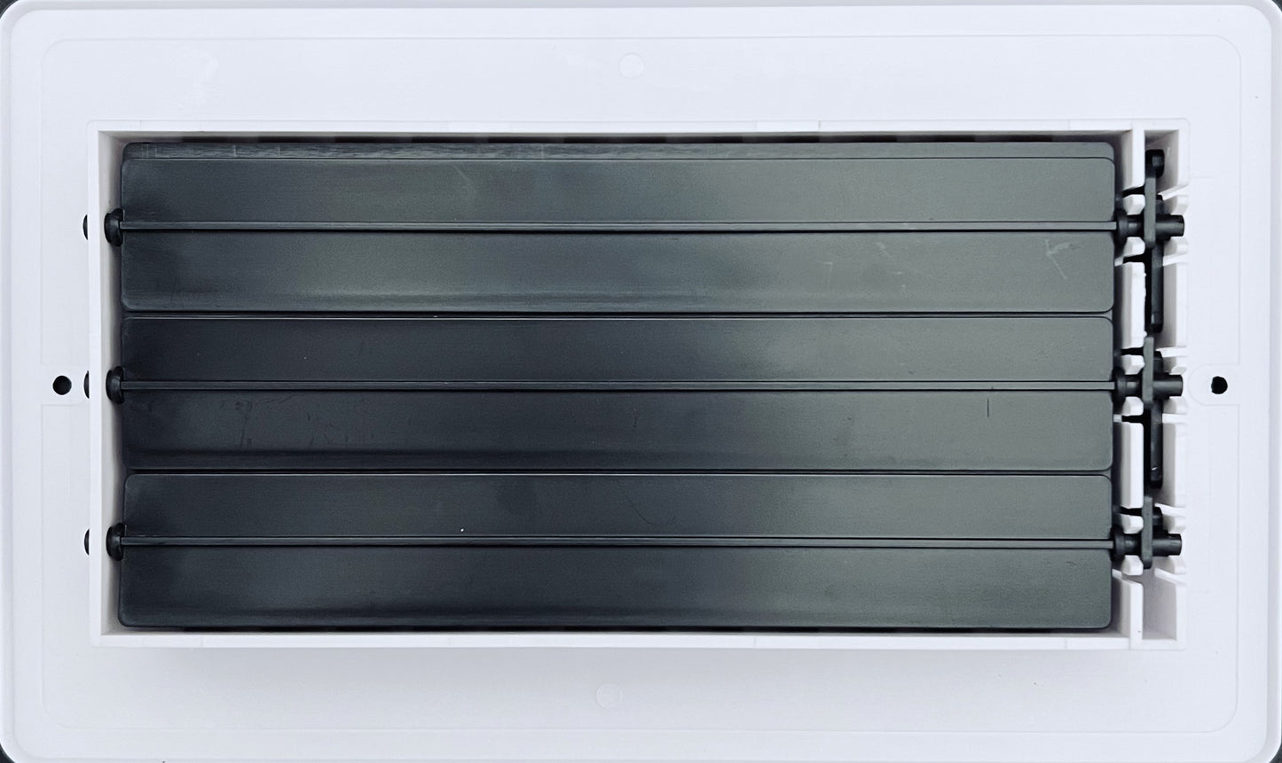 Two-way plastic side wall/ceiling register in white 8"w X 4"h for duct opening (outside dimension is 10"w X 6"h)