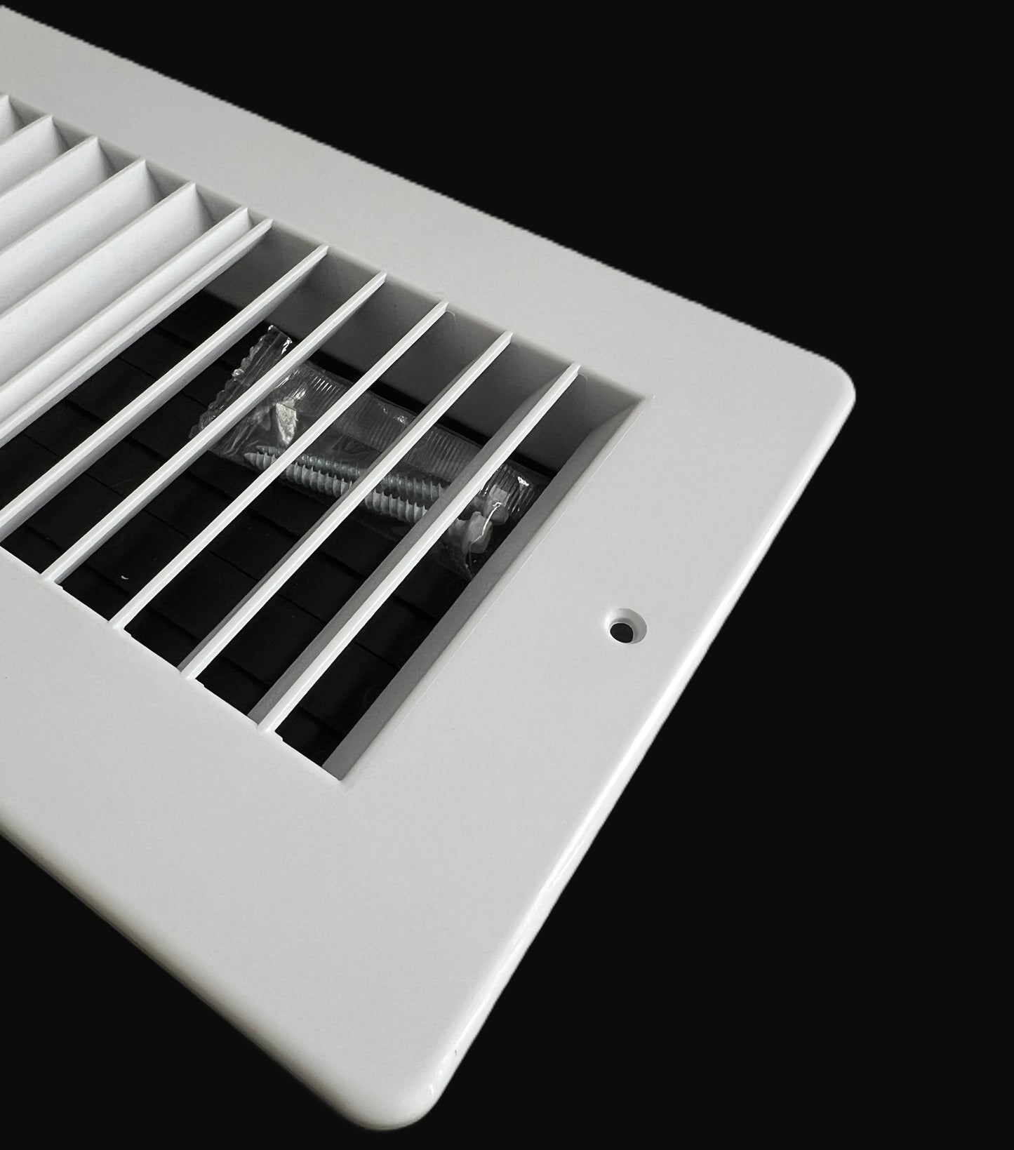 Two-way plastic side wall/ceiling register in white 8"w X 4"h for duct opening (outside dimension is 10"w X 6"h)