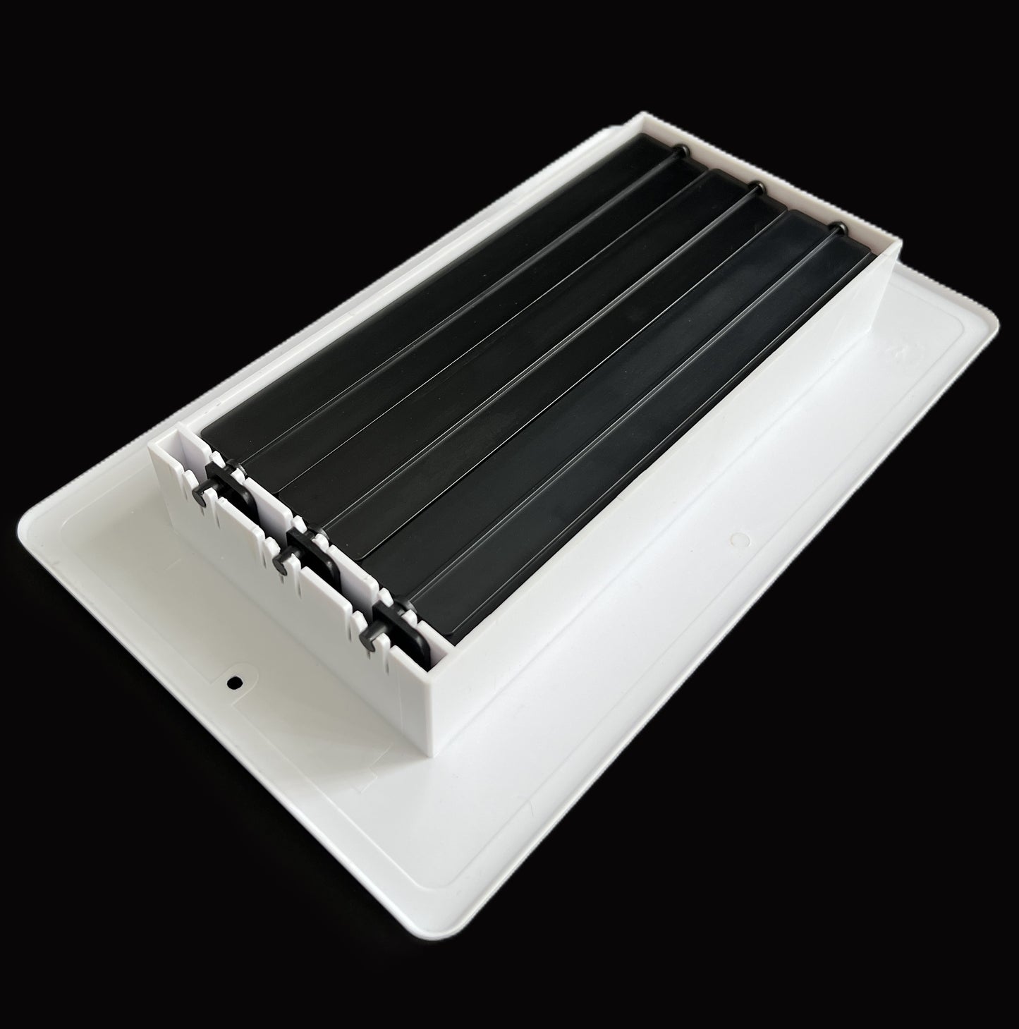 Two-way plastic side wall/ceiling register in white 8"w X 4"h for duct opening (outside dimension is 10"w X 6"h)