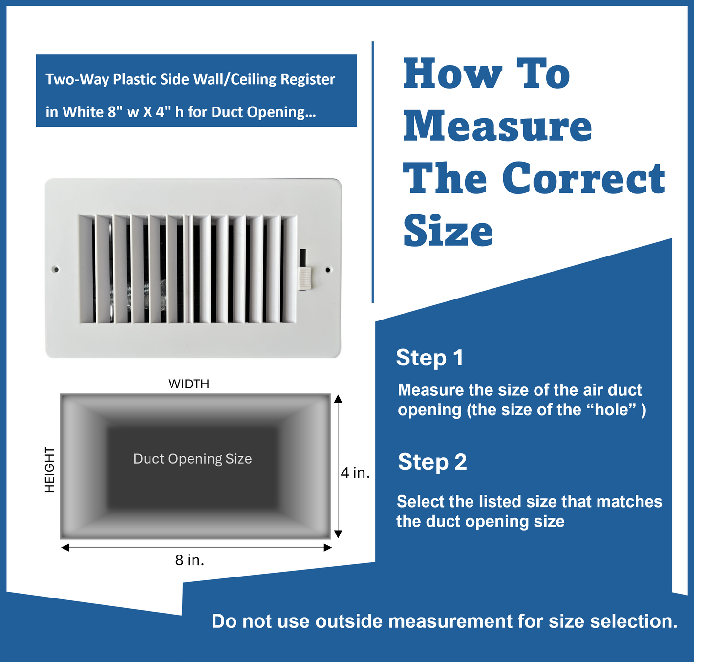 Two-way plastic side wall/ceiling register in white 8"w X 4"h for duct opening