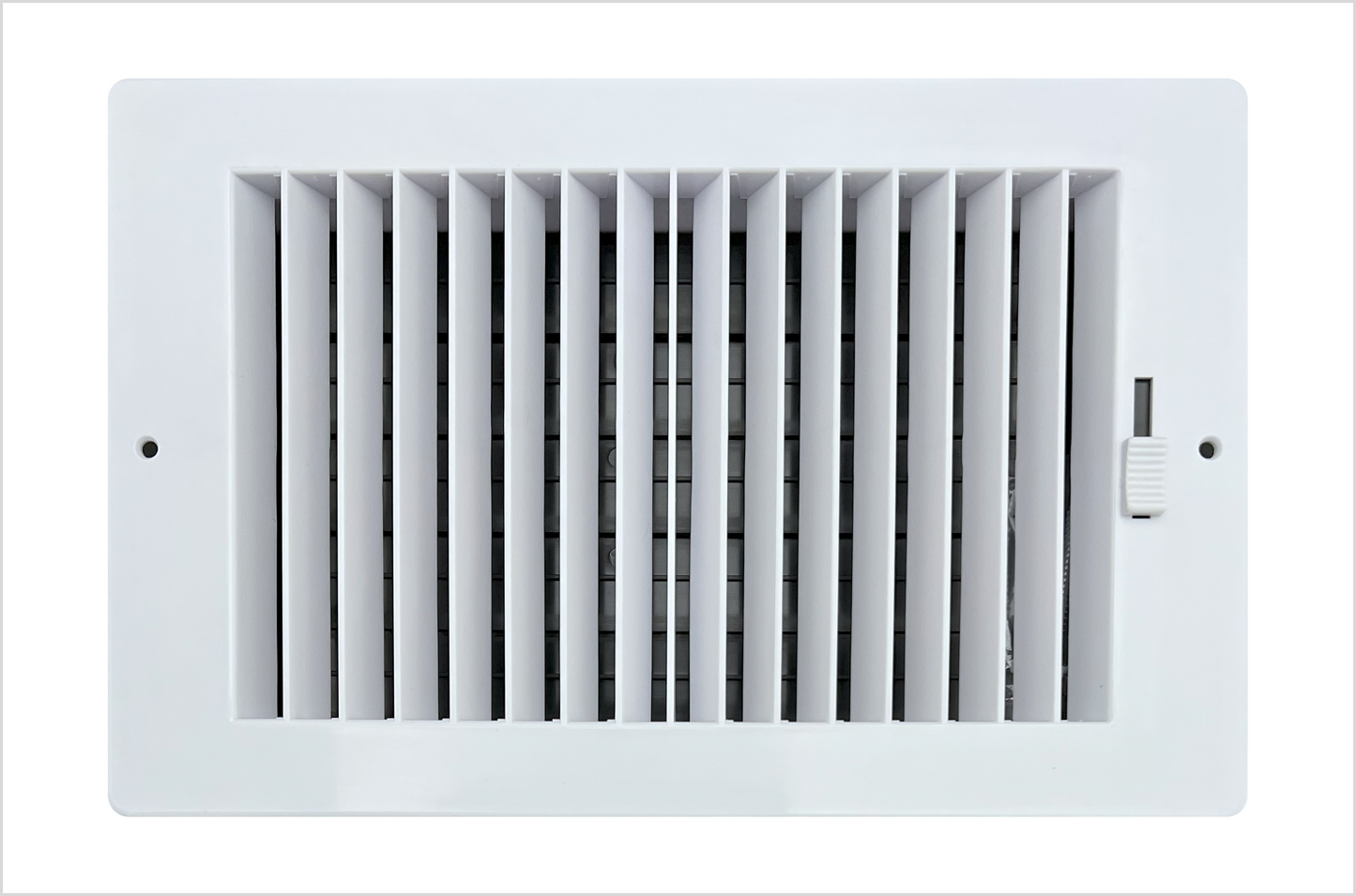 Two-way plastic side wall/ceiling register in white 10"w X 6"h for duct opening (outside dimension is 11.75"w X 8"h)