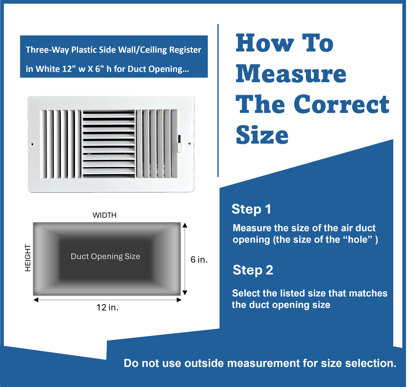 Three-Way Plastic Side Wall/Ceiling Register in White 12" w X 6" h for Duct Opening (Outside Dimension is 13.75" w X 8" h)