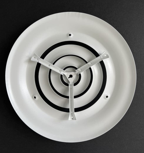 6" Round Ceiling Diffuser White Powder Coated with Outside Dimension of 10" Fitting in 6" Duct