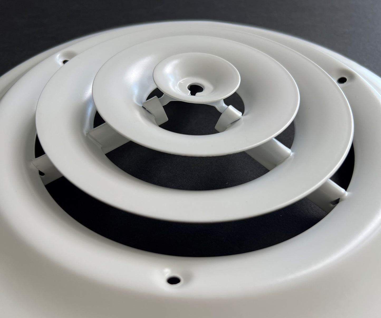 6" Round Ceiling Diffuser White Powder Coated with Outside Dimension of 10" Fitting in 6" Duct