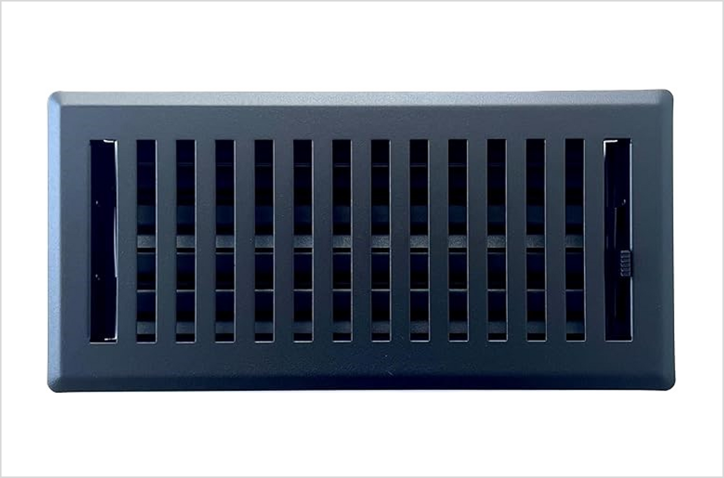Heavy Duty Steel Decorative Slotted face Floor Vent with Beautiful Black Matte Finish. Fits in 4 x 10 Duct Opening. Overall Dimension is 5.75 in Wide x 13.75 in Long