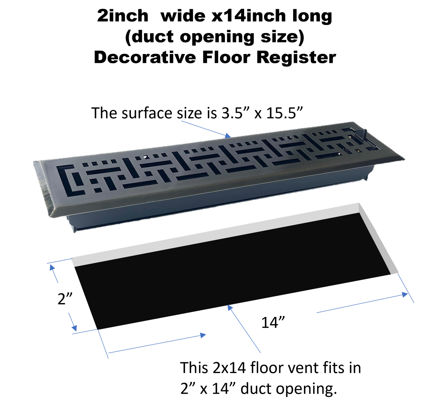 2 inch Wide x14inch Long (Duct Opening Size) Decorative Floor Register Vent with Mesh Cover Trap (Overall Size 3.5 inch Wide x 15.5" Long) Matte Bronze