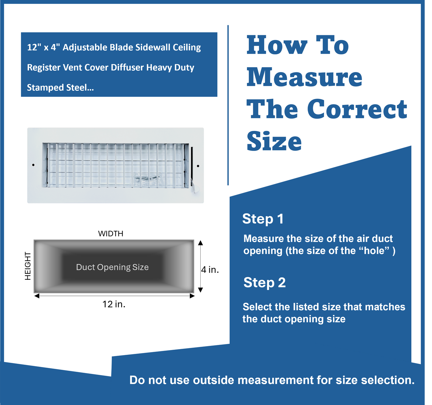 12" x 4" Adjustable Blade Sidewall Ceiling Register Vent Cover Diffuser Heavy Duty Stamped Steel (Listed Size is for Duct Opening or Inside Measurement)