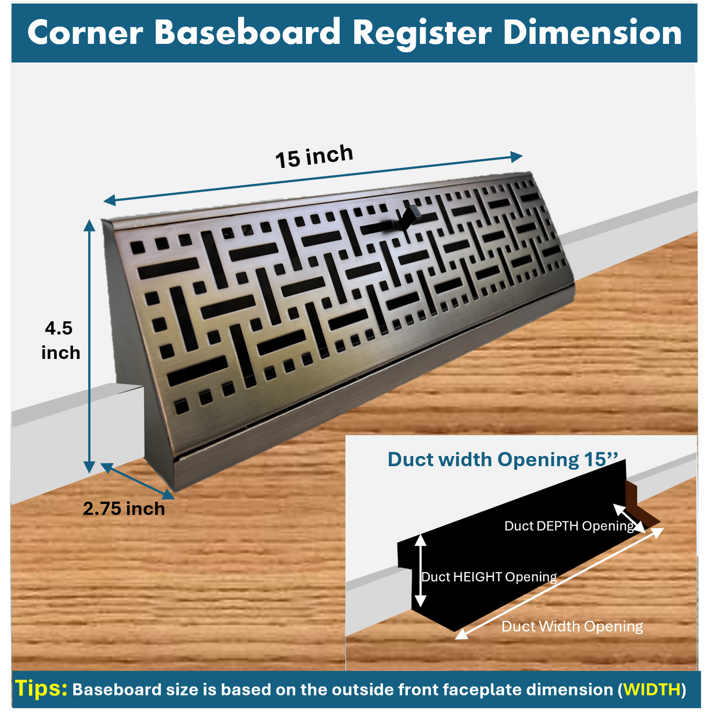 Floor Corner Base Board Register with Adjustable Air Flow Control Lever Come with Selected Color and Finish (Decor Oil Brunched - 15inch)