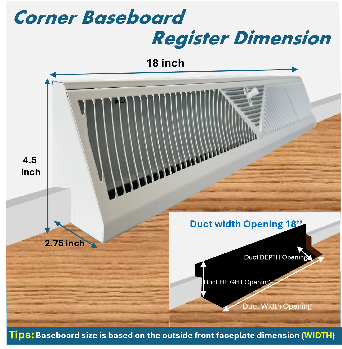 Floor Corner Base Board Register with Adjustable Air Flow Control Lever Come with Selected Color and Finish (White - 18inch)