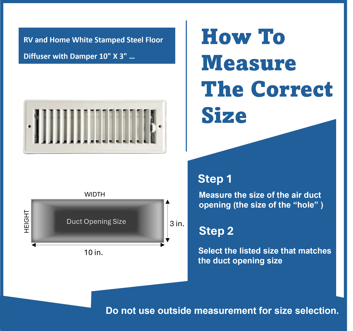 RV and Home White Stamped Steel Floor Diffuser/Register with Damper 10" X 3" (Duct Opening Size) Outside Dimension 11.5"x 4.5"