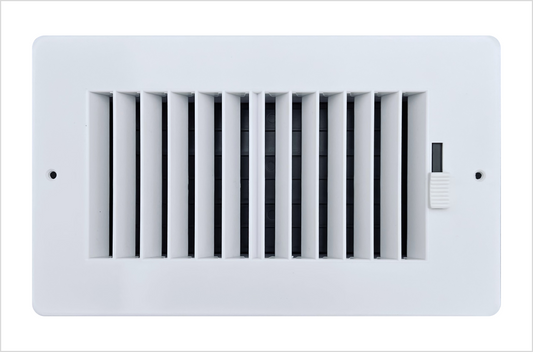 Two-way plastic side wall/ceiling register in white 8"w X 4"h for duct opening (outside dimension is 10"w X 6"h)