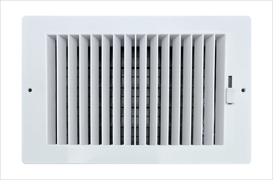 Two-way plastic side wall/ceiling register in white 10"w X 6"h for duct opening (outside dimension is 11.75"w X 8"h)