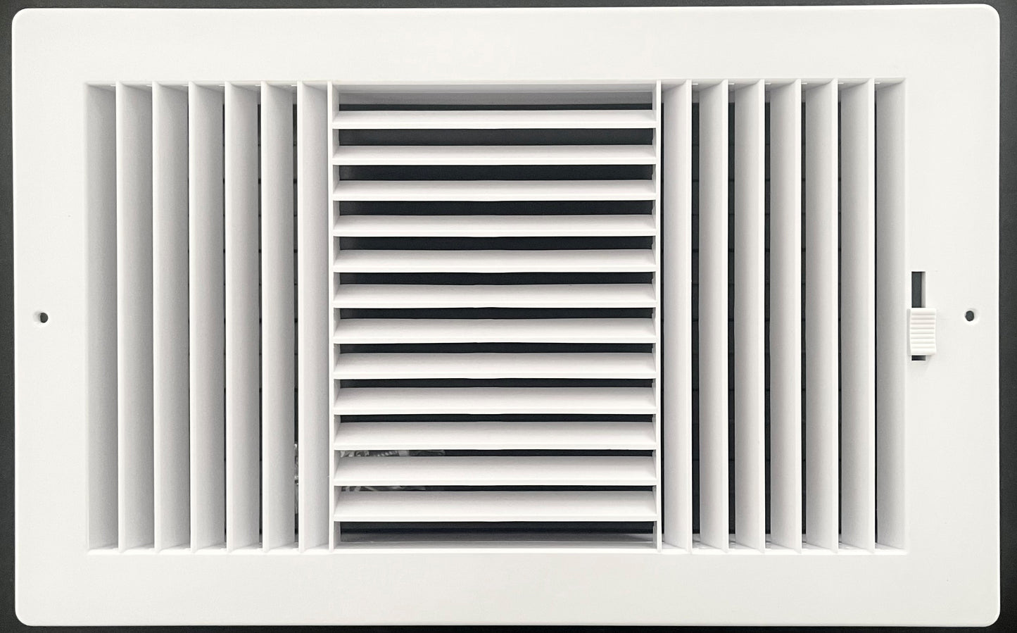 Three-way plastic side wall/ceiling register in white 14"w X 8"h for duct opening (outside dimension is 15.75"w X 10"h)