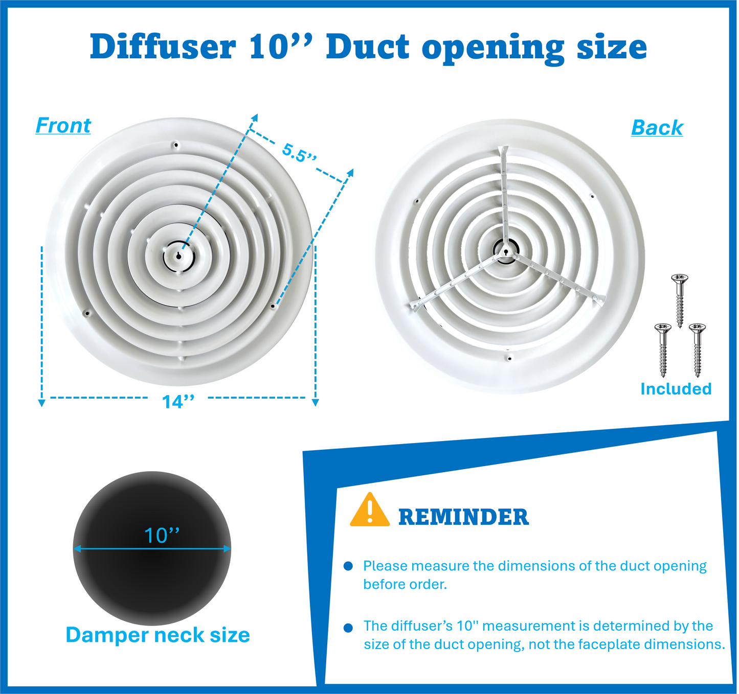 10" Round Ceiling Diffuser White Powder Coated Fitting in 10" Duct Opening