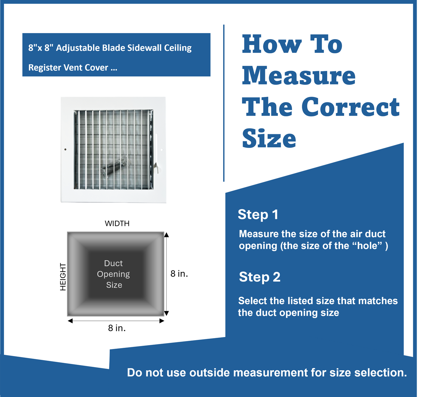 8" x 8" Adjustable Blade Sidewall Ceiling Register Vent Cover Diffuser Heavy Duty Stamped Steel (Listed Size is for Duct Opening or Inside Measurement)